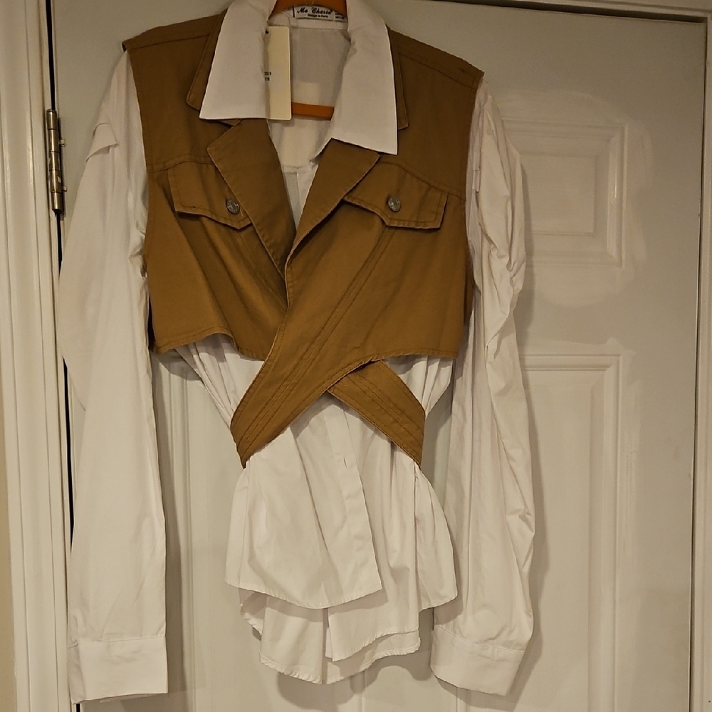 Stylish Tan and White Button Down Shirt